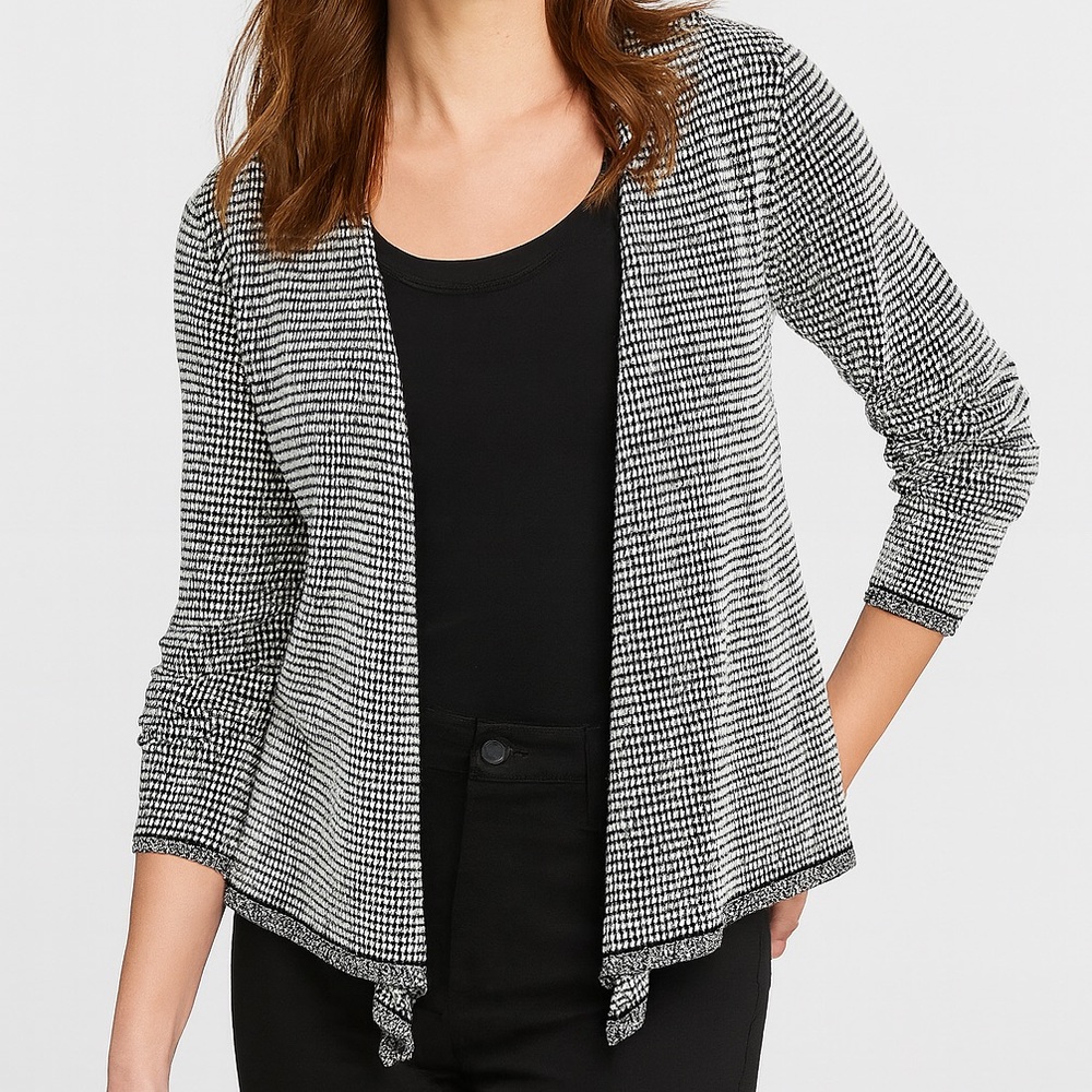 🆕🖤🤍NIC+ZOE Textured Open Front Cardigan Black White Check Knit Jacket M Workwear